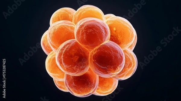 Fototapeta A cluster of vibrant orange fat cells is shown in extreme close-up against a dark background, displaying their rounded, plump structure and translucent membrane in a vivid scientific illustration.