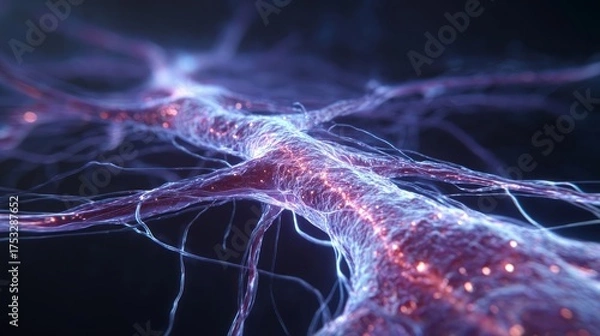 Fototapeta Close-up of a medical anatomical glowing neural network rendered in vivid detail, showing intertwined axons and dendrites with pulsating electrical signals traveling through a biological complex web .