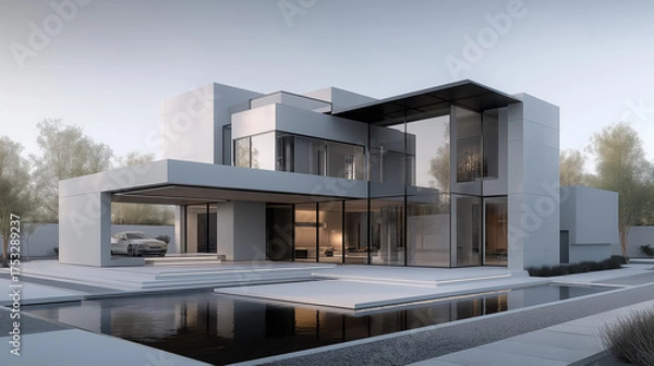 Obraz Modern Architectural Design of a Luxurious Home with a Pool and Carport, Daytime View