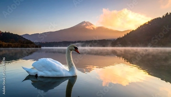 Fototapeta A solitary white swan floats gracefully on a still lake reflecting mountain and sunrise hues. Wisps of fog add serene atmosphere