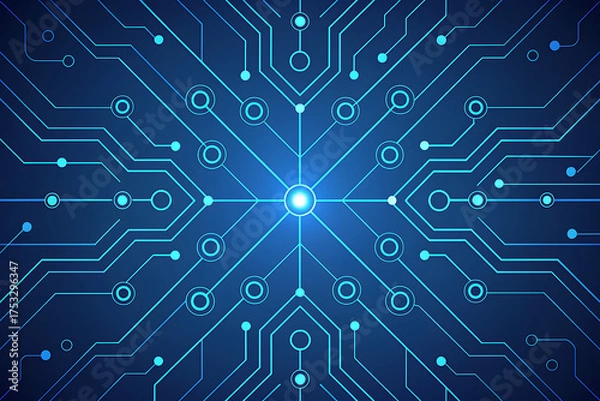 Fototapeta Abstract blue circuit board pattern with glowing center