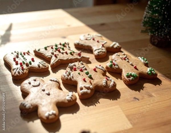 Obraz Close-Up of Iced Gingerbread Cookies on Rustic Kitchen Table