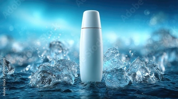 Fototapeta A sleek blue bottle standing amidst splashes of water, set against a serene blue background