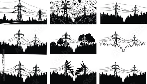 Fototapeta Vector illustration of high voltage electric power lines and pylons in forest landscape showing electricity transmission and energy network infrastructure
