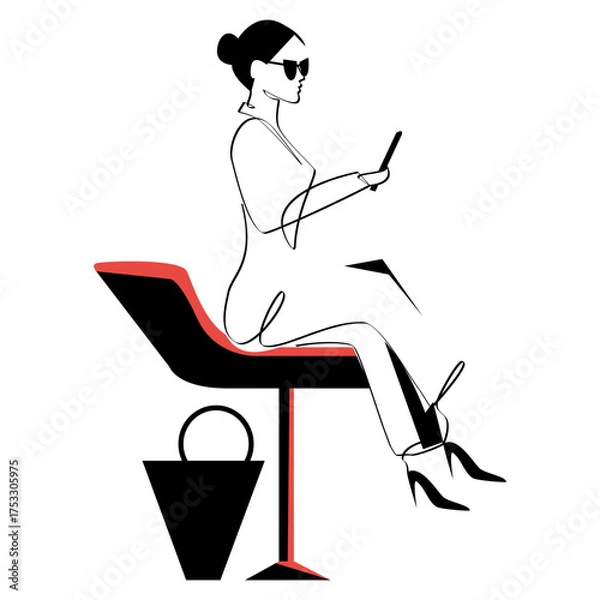 Fototapeta Business woman holding a phone in continuous one line drawing. Business concept minimalistic black lines drawing on white background