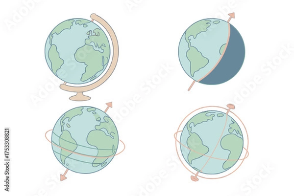 Fototapeta Isometric Globe Dynamics. Isometric vector illustration set globe spin axis geography: geographic globe rotation, day night