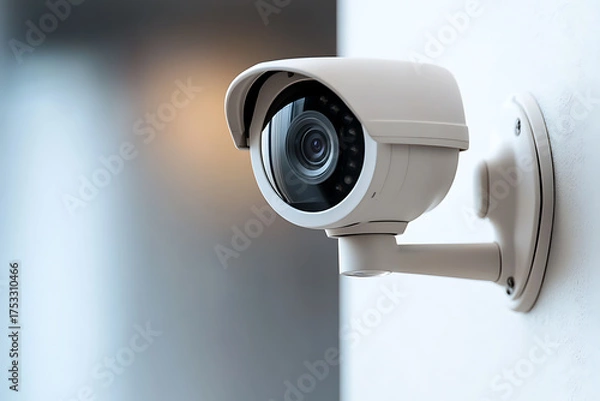 Fototapeta Security Camera: A close-up shot captures a white surveillance camera mounted on a wall, symbolizing safety and vigilance in modern environments.
