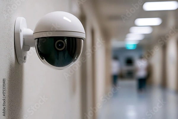 Fototapeta White surveillance camera on a hallway wall. Close-up of dome camera with blurred hallway background. Modern security technology. Safe zone monitoring.