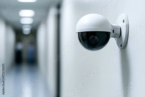Fototapeta Hallway security camera. Surveillance device mounted on wall monitors activity. Focus on the device, with a blurred hallway background. Monitoring system.