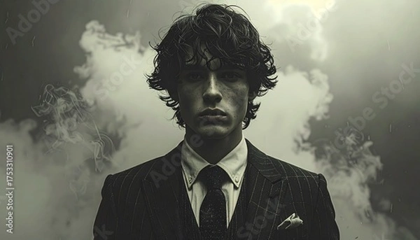 Fototapeta A somber portrait of a young person in a suit, staring intensely. Wisps of smoke or cloud surround the figure. Grayscale