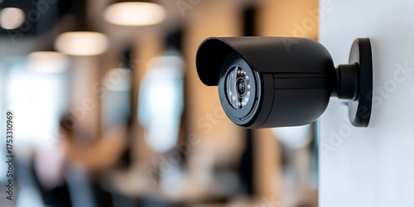Fototapeta Indoor Security: A surveillance camera mounted on a wall in a commercial space. Provides peace of mind and safety.