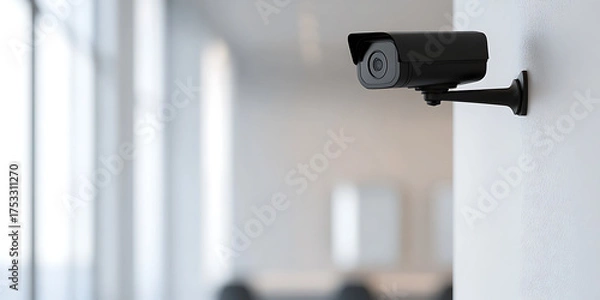 Fototapeta Surveillance camera mounted on a wall, providing security and monitoring.