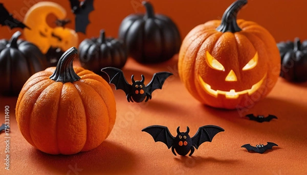 Obraz Composizione di zucche decorative arancioni e nere, inclusa una Jack-o'-lantern illuminata e pipistrelli giocattolo, su sfondo arancione brillante.