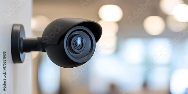 Fototapeta Close-up of a black security camera mounted on a white wall, with blurred background lighting providing depth and context to the security setup.