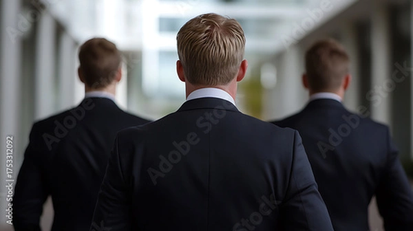 Fototapeta Trio of professionals in dark suits seen from behind, walking with determination in a bright, modern corridor; teamwork and ambition in business.