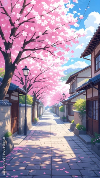 Fototapeta Traditional Japanese Street with Cherry Blossoms in Full Bloom