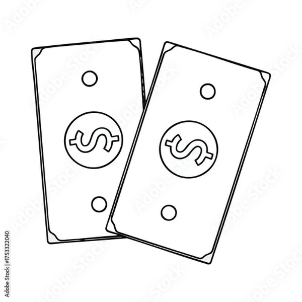 Fototapeta Outline Vector Illustration of Two Overlapping Dollar Bills