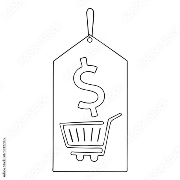 Fototapeta Minimalist Outline Vector: Dollar Price Tag with Shopping Cart
