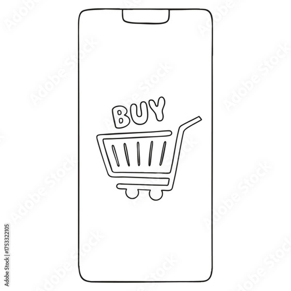 Fototapeta Outline Vector: Mobile Phone with Shopping Cart and Buy Text