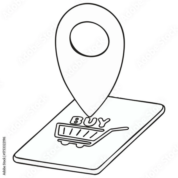 Fototapeta Outline Vector: Map Pin on Mobile Screen for Local Shopping