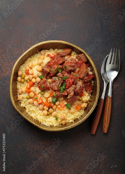 Fototapeta Traditional dish of Maghreb cuisine, a Moroccan couscous with lamb or beef, vegetables, chickpeas, and peas in a rustic bowl with cutlery on dark background
