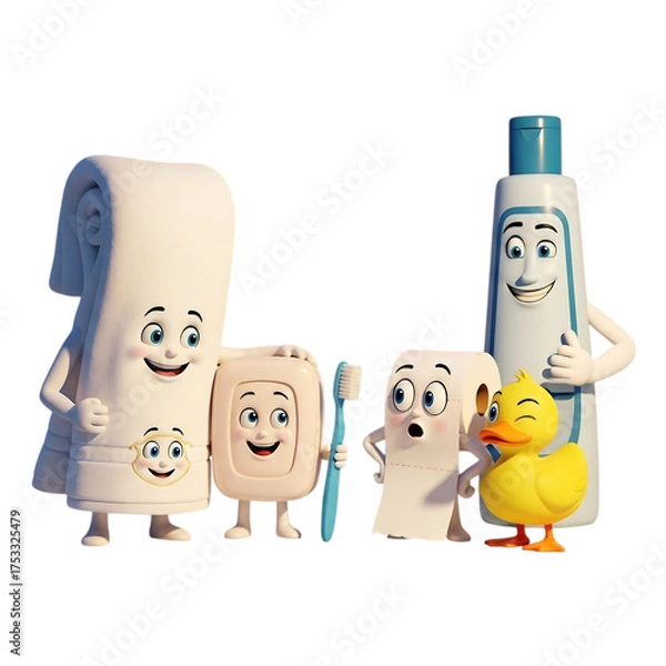 Fototapeta Fun characters of bathroom hygiene products a towel, soap, toothbrush, toothpaste, and toilet paper with a rubber ducky friend