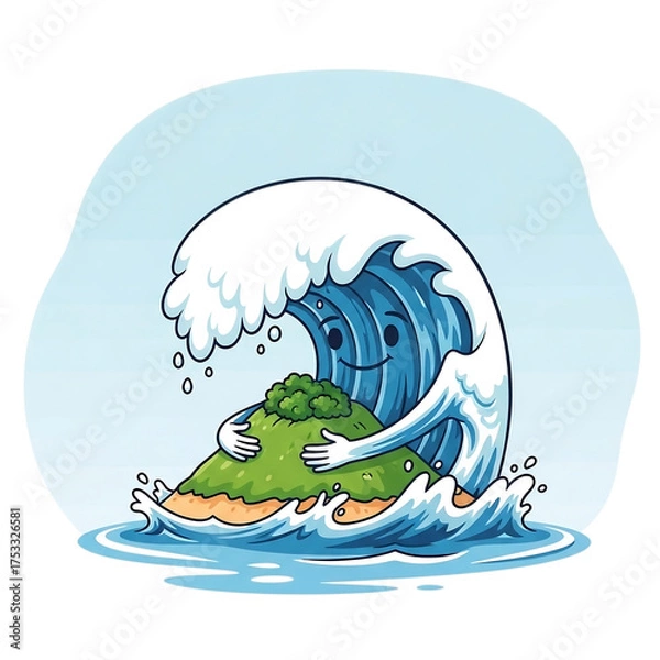 Fototapeta Cartoon wave with arms hugging a small island with green vegetation, set against a simple blue background.