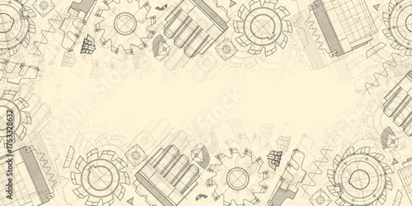 Fototapeta Mechanical engineering drawings on sepia background. Cutting tools, milling cutter. Technical Design. Cover. Blueprint. Horizontal seamless pattern. Vector illustration.