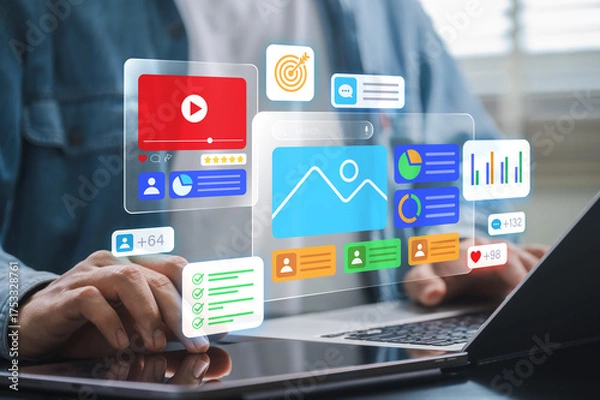 Fototapeta social media management and content marketing concept. user organizing video content, image posts and data charts, tracking engagement, followers and checklist tasks in digital communication platform