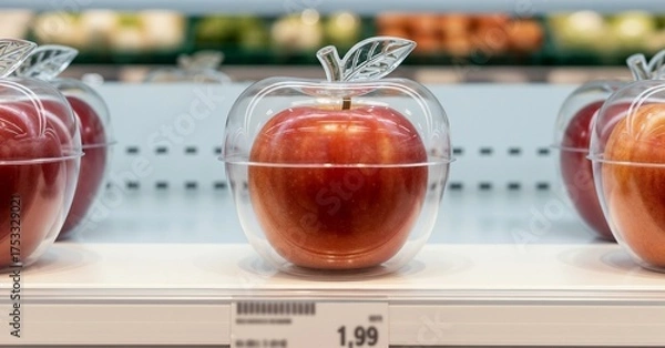 Obraz Plastic wrapped apple in store, ecology and consumerism issue