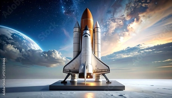 Fototapeta A spacecraft replica stands on a pedestal against a backdrop of Earth, space, and clouds with a vibrant sunset