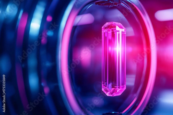 Obraz Vibrant crystal suspended in futuristic gadget, surrounded by glowing rings and colorful lights, creates captivating visual experience