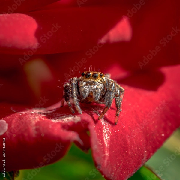 Fototapeta Jumping spider resting on red rose petal in sunlight