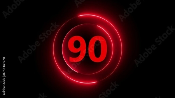 Fototapeta Vibrant Red Neon Number 90 Inside Circular Neon Rings on Black glowing