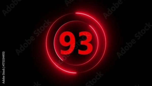 Fototapeta Vivid Red Neon Number 93 Encased in a Circular Neon Border on Black ninety-three glowing
