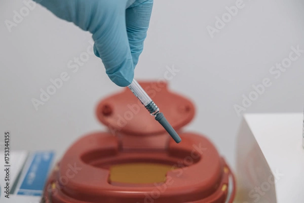 Fototapeta Unrecognizable doctor throws a used syringe into a special trash can