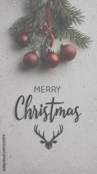 Fototapeta Decorated Christmas branch with ornaments and festive greeting displayed on a textured background - Low Contrast