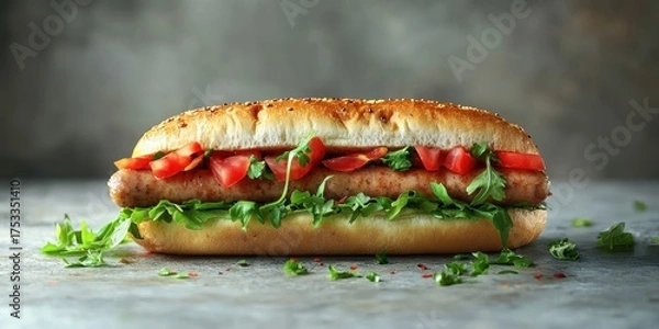 Fototapeta Delicious fresh sandwich with sausage, tomatoes, and greens on a rustic background