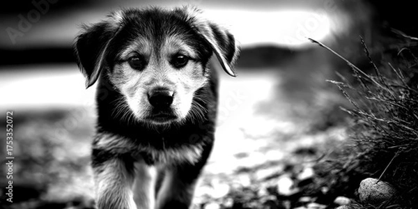 Fototapeta Young dog walks along a rocky shore near calm water during cloudy weather in the early evening