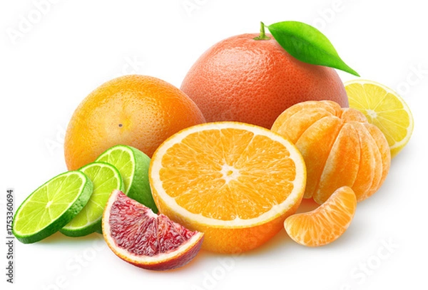Fototapeta Bunch of citrus fruits. Lime, lemon, orange, grapefruit, tangerine, blood orange isolated on white background