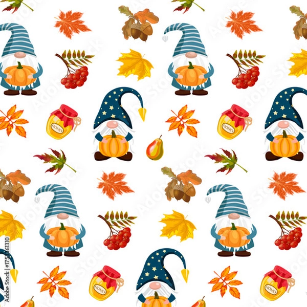 Fototapeta Gnomes with pumpkins and fall leaves for Thanksgiving.Vector seamless pattern with gnomes and autumn decor on a white background.