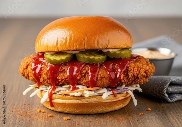 Fototapeta Crispy Spicy Fried Chicken Sandwich with Pickles & Coleslaw on Brioche Bun — Close-Up