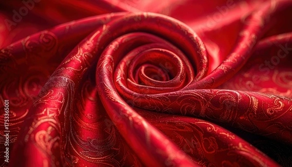 Fototapeta Luxurious red and gold patterned silk fabric swirled in the shape of a rose