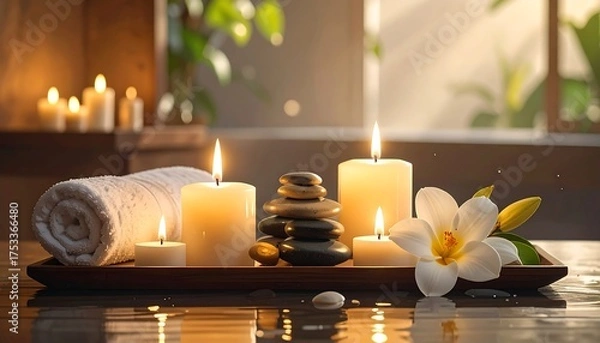 Fototapeta A spa-like scene featuring candles, stones, a towel, and a lily on a wooden tray with windowed background and soft lighting