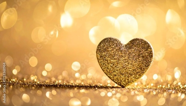 Fototapeta A sparkling golden heart shape glows against a blurred backdrop of glittering bokeh lights, suggesting warmth and affection