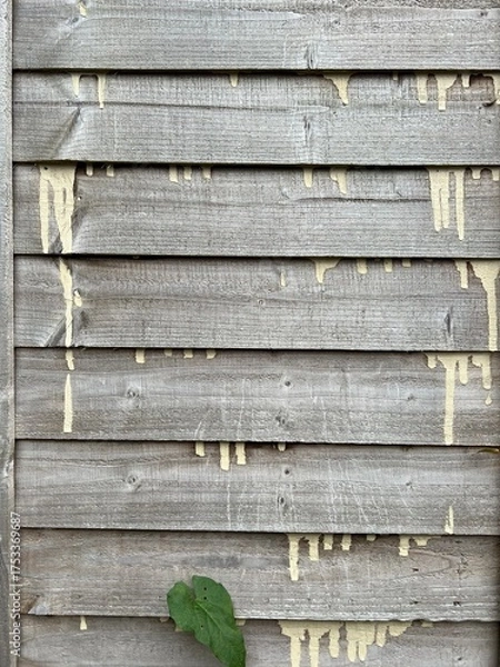 Obraz Closeup of aged wooden fence with horizontal planks, visible paint droplets and a single green leaf. Natural grain makes it excellent for texture for design, craft, and architectural projects.