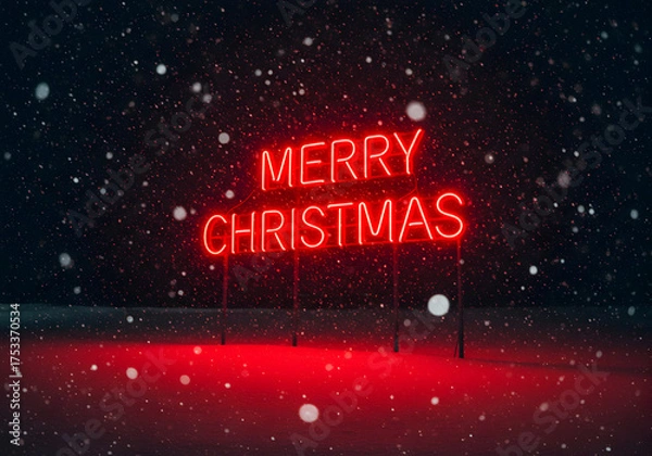 Fototapeta Neon merry christmas sign illuminated against snowfall