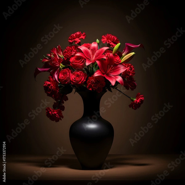 Fototapeta Red flowers in black vase