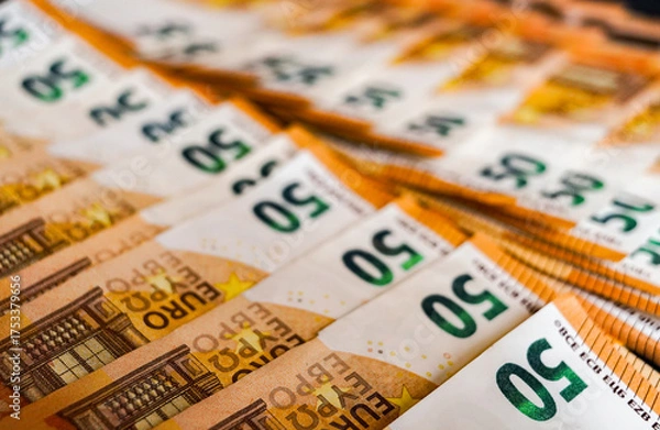 Obraz money background , close up macro detail of 50 euros banknotes