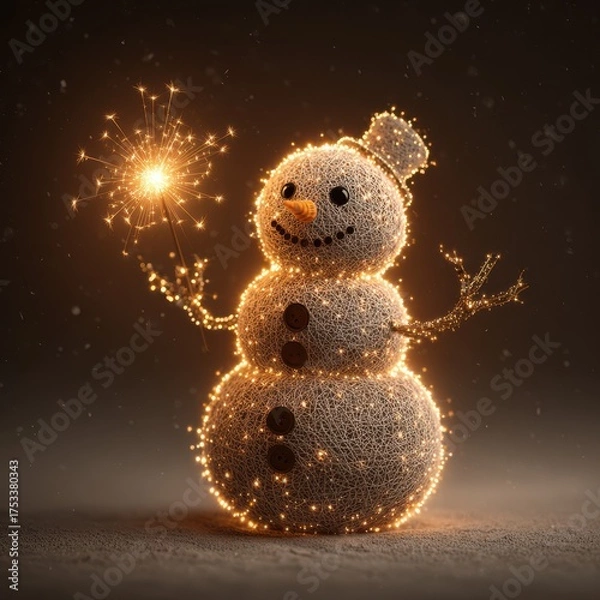 Fototapeta Snowman made of glowing strands holds a sparkler in a winter setting during festive celebrations